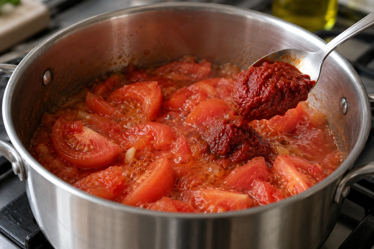 Tomato paste being added to softened tomato wedges