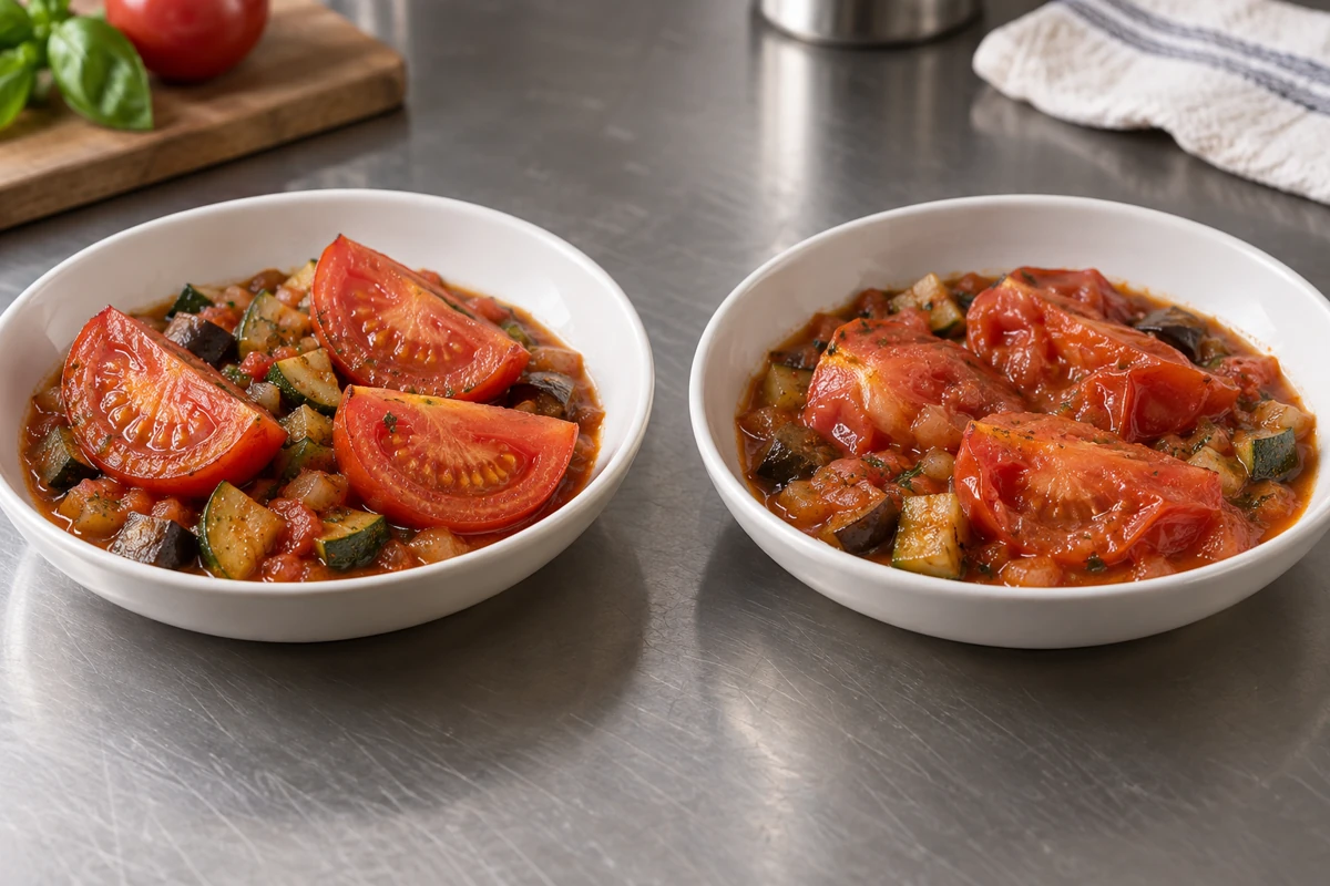 Two example ratatouille portions with different tomato texture Two example ratatouille portions with different tomato texture