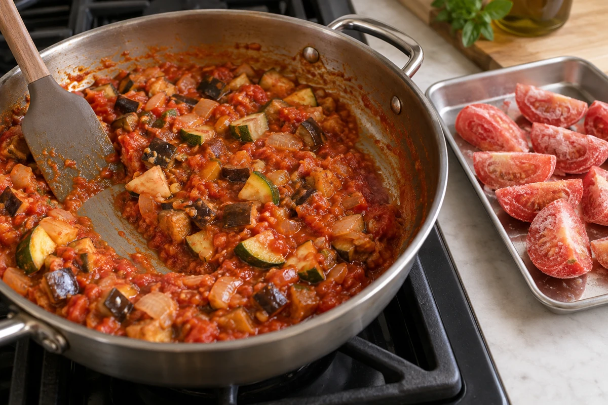 Prepared vegetable sauce beside frozen tomato wedges Prepared vegetable sauce beside frozen tomato wedges