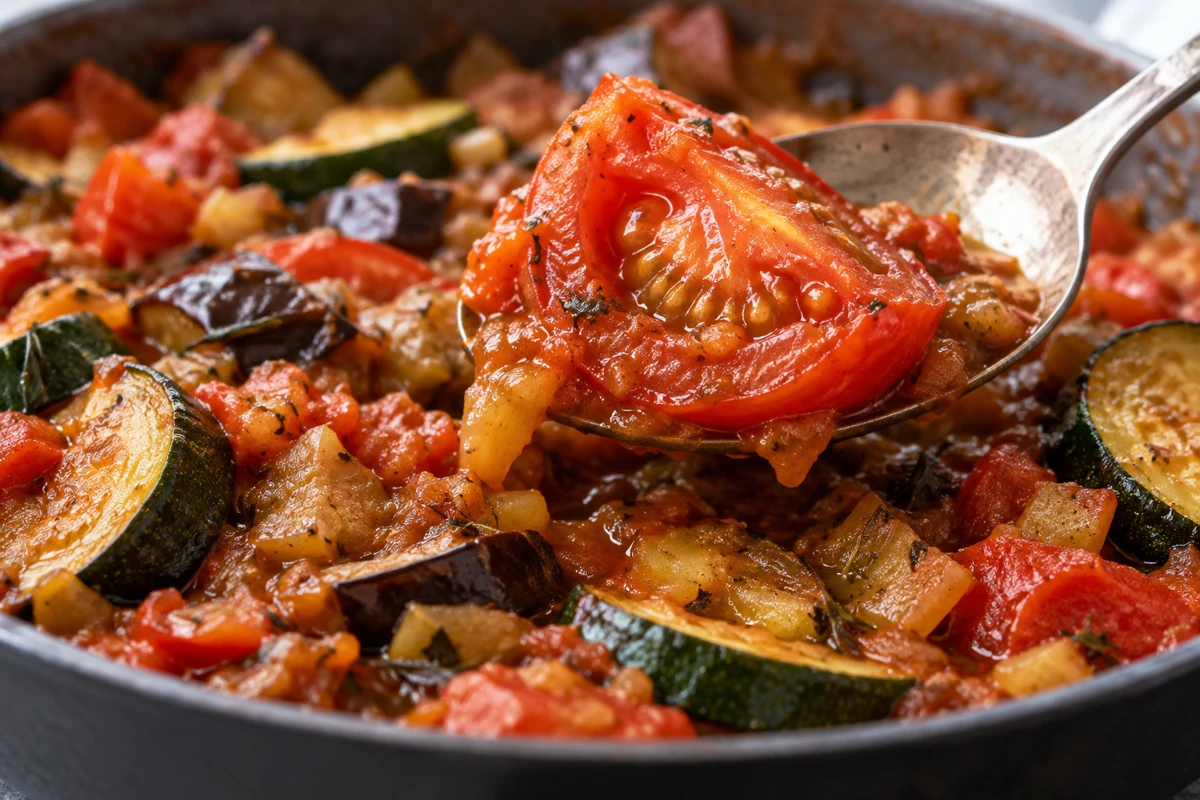 Broad spoon supporting a cooked tomato wedge Broad spoon supporting a cooked tomato wedge