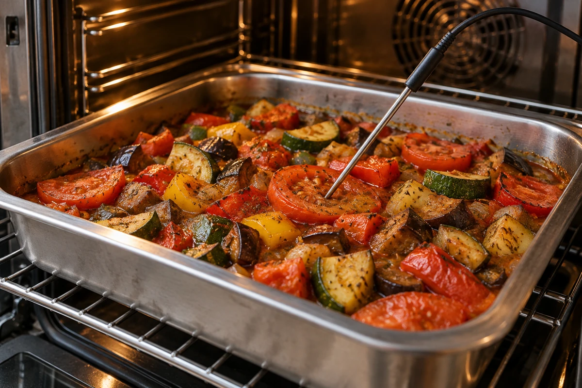 Ratatouille in a shallow oven tray with a food probe Ratatouille in a shallow oven tray with a food probe
