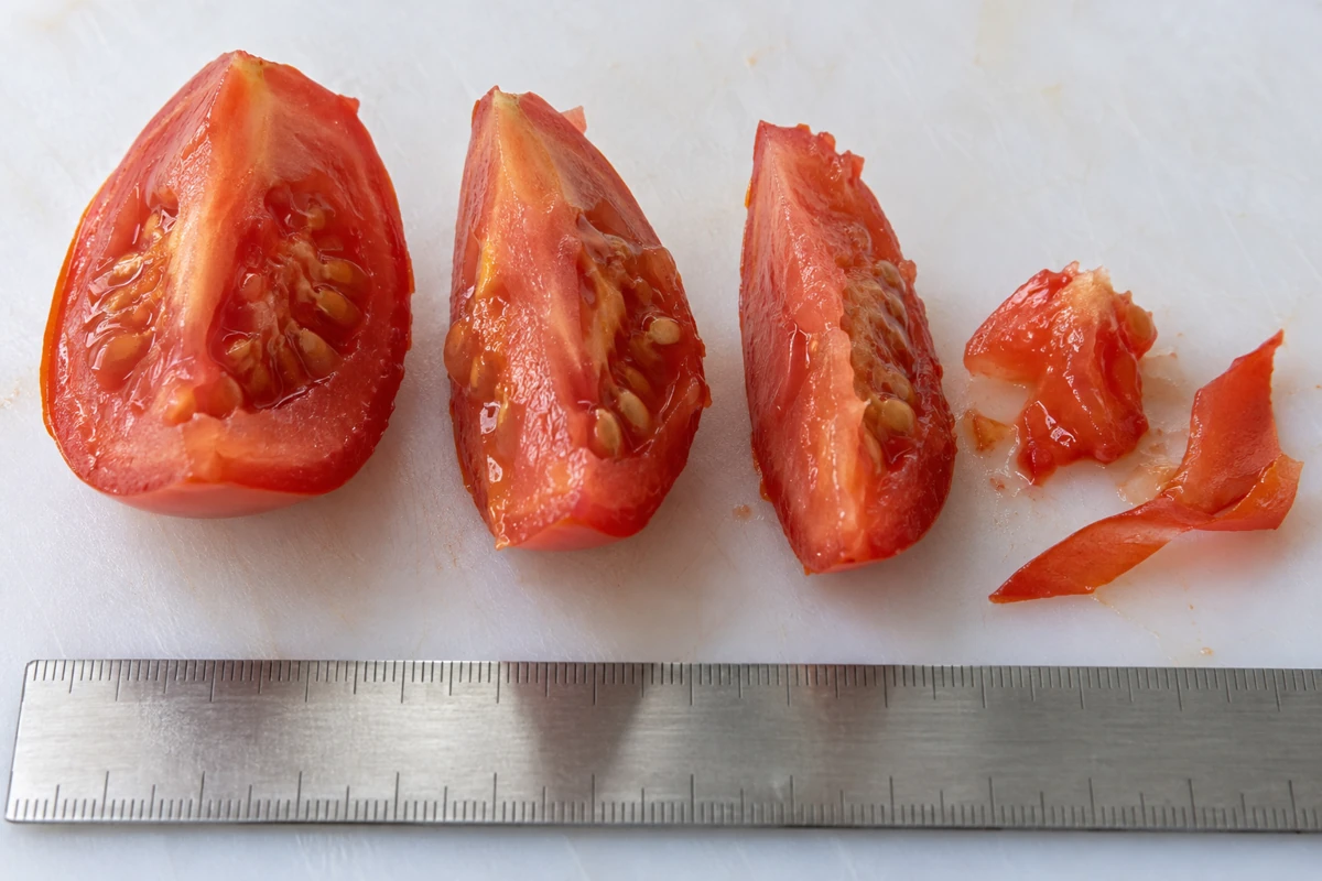 Tomato wedges of different thickness beside fragments and a ruler Tomato wedges of different thickness beside fragments and a ruler