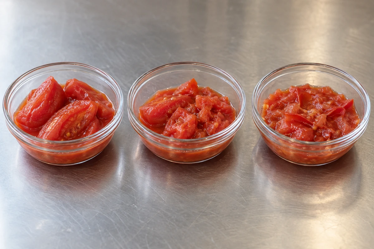 Three tomato sample containers with different visible piece condition Three tomato sample containers with different visible piece condition