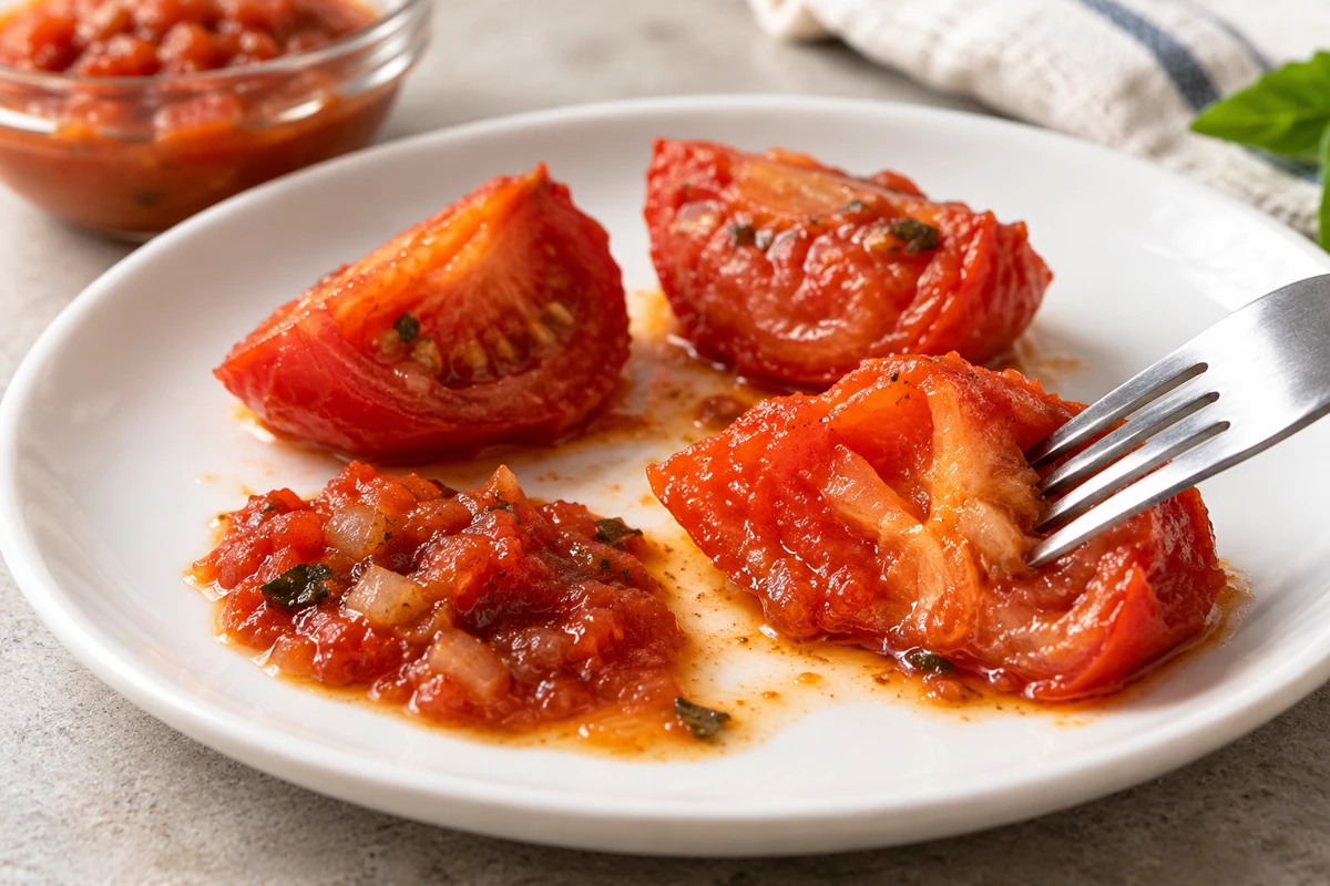 Fork examining softened tomato flesh and attached skin Fork examining softened tomato flesh and attached skin