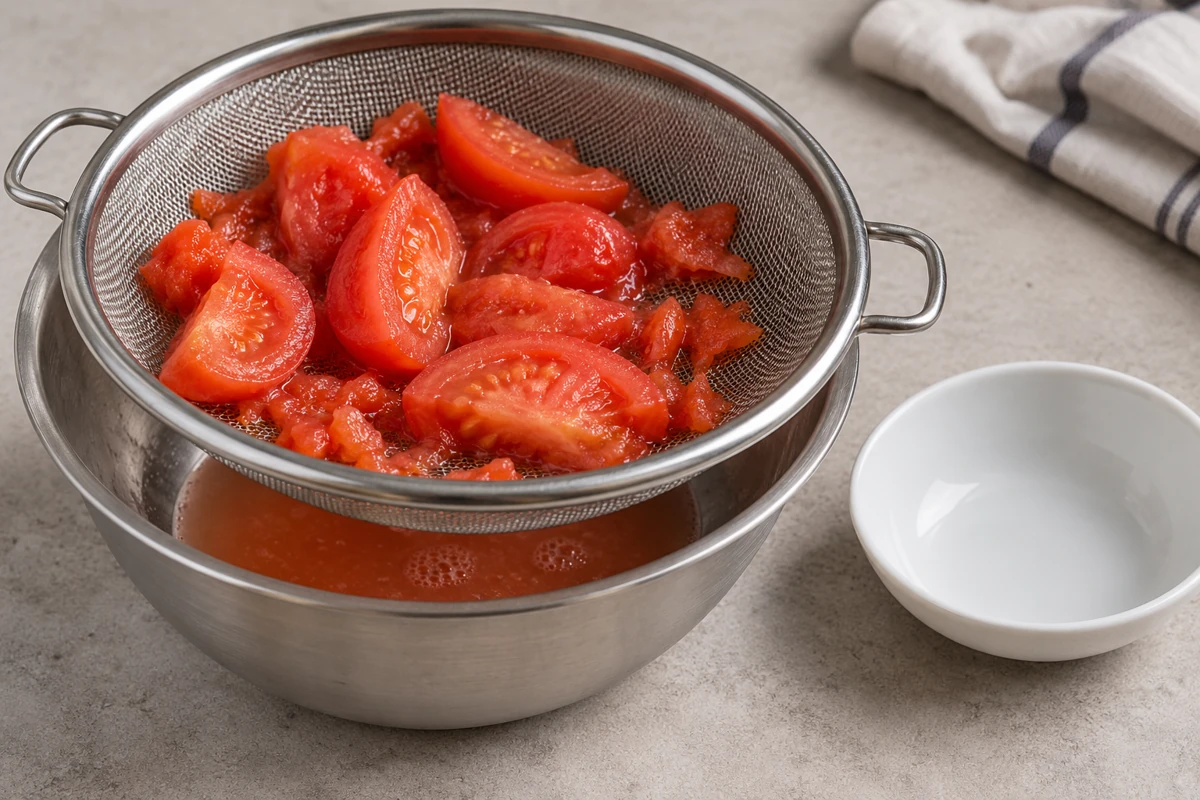 Tomato pieces in a sieve above collected liquid Tomato pieces in a sieve above collected liquid