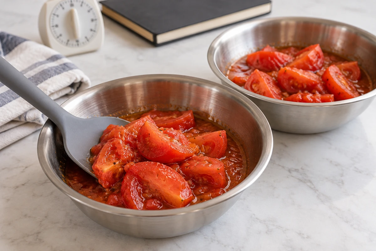 Matched tomato sample bowls and a broad spatula Matched tomato sample bowls and a broad spatula