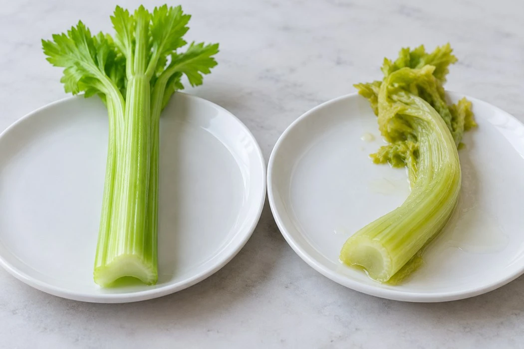 Fresh celery ribs beside softened wet celery ribs on white plates Fresh celery ribs beside softened wet celery ribs on white plates