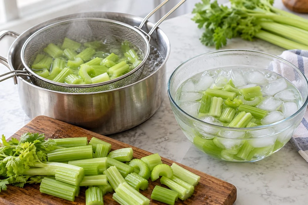 Cut celery beside a blanching basket and a separate cooling bowl Cut celery beside a blanching basket and a separate cooling bowl