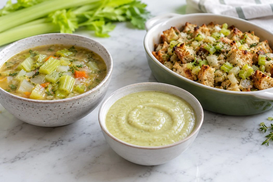 Celery soup, a smooth pale sauce and a savory stuffing Celery soup, a smooth pale sauce and a savory stuffing