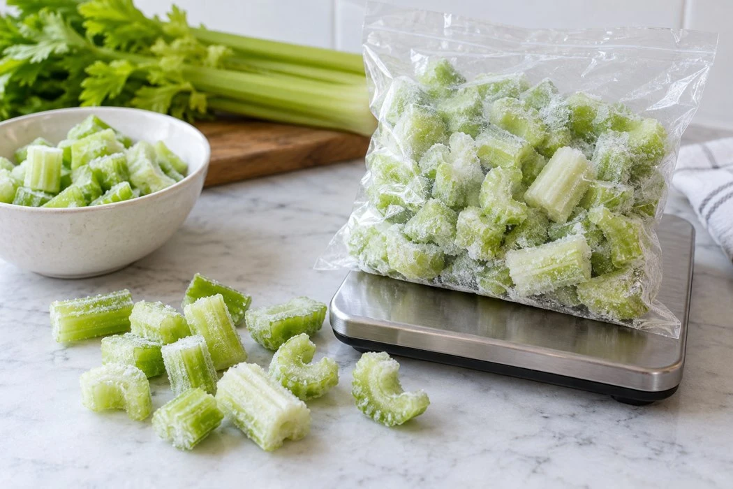 Frozen celery in a clear bag on a scale beside loose pieces Frozen celery in a clear bag on a scale beside loose pieces