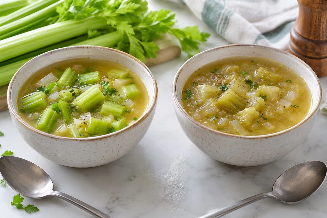 Two bowls showing distinct celery soup textures Two bowls showing distinct celery soup textures