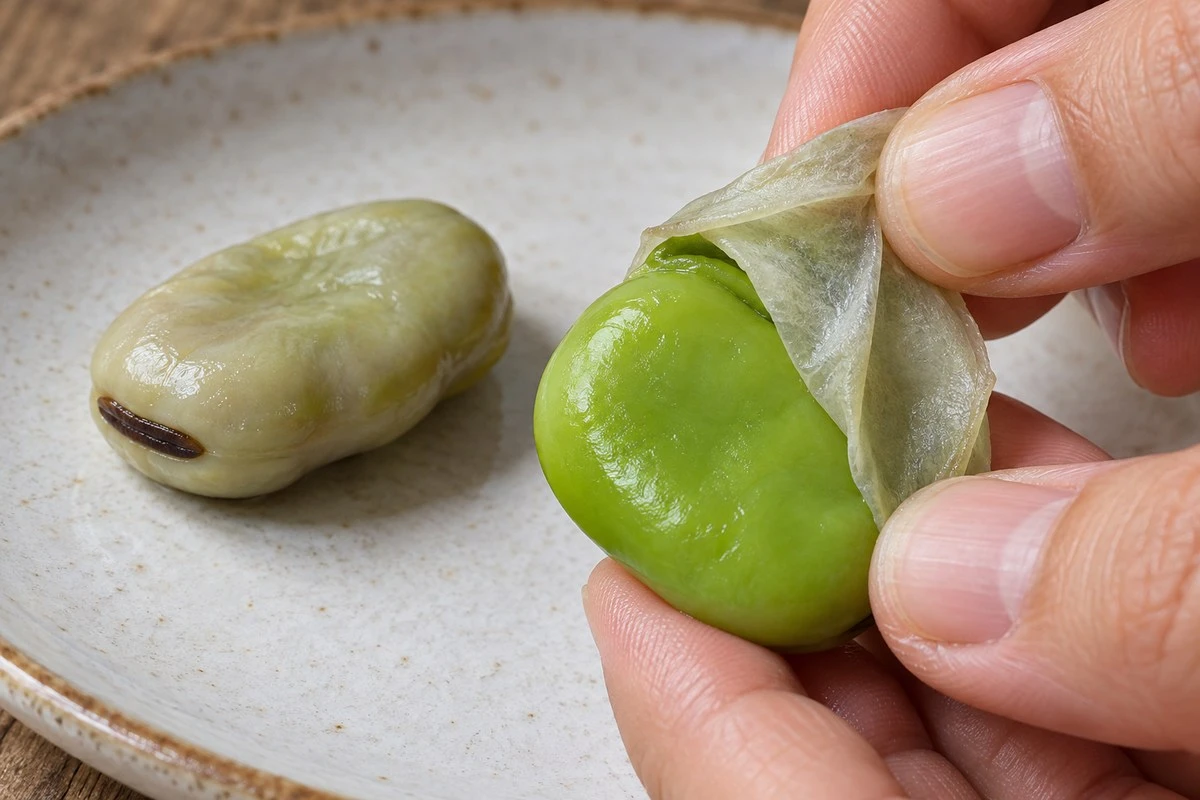 Cooked broad bean seed skin separated from the green inner cotyledons