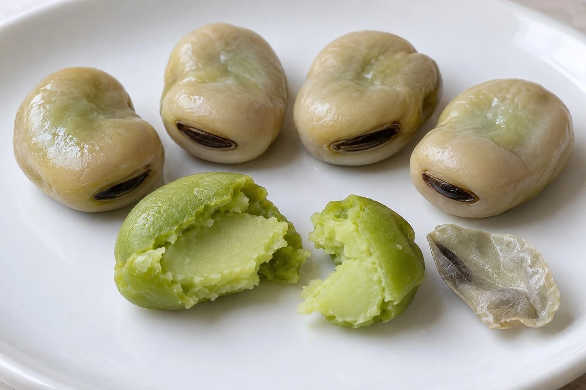 Intact broad beans, broken bean pieces and a detached seed skin
