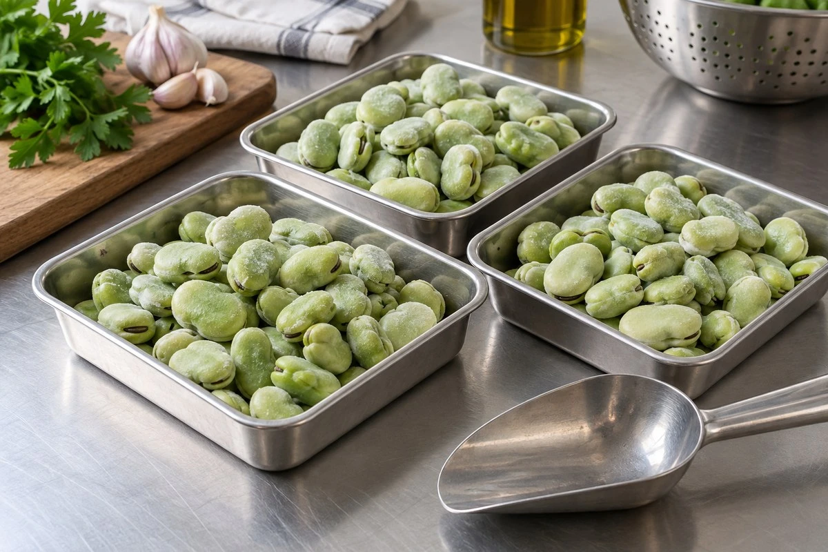 Separate frozen broad bean samples kept visible before comparison