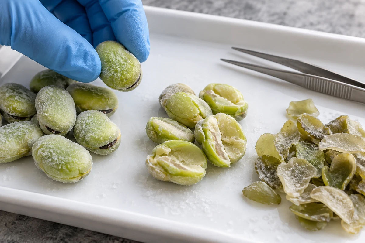 Intact broad beans, split pieces and loose seed coats in a sample