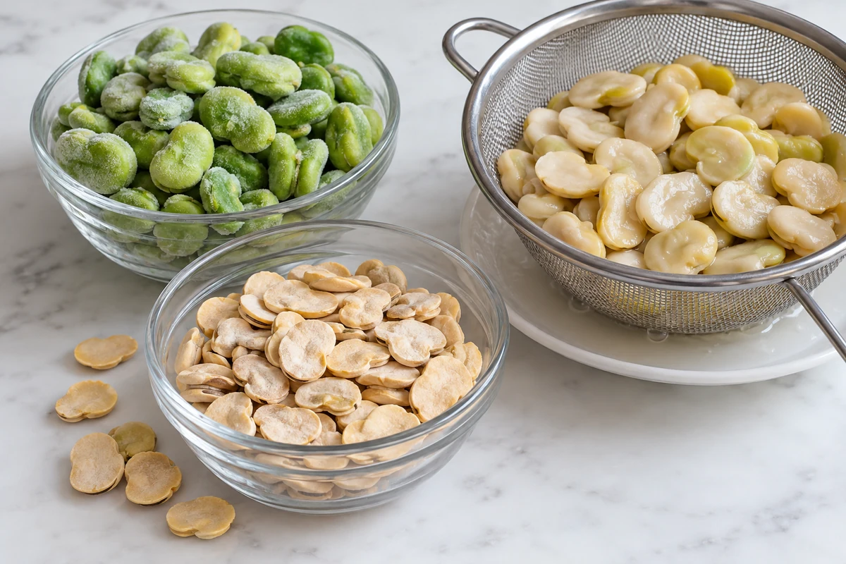 Frozen green, dried split and hydrated fava bean forms Frozen green, dried split and hydrated fava bean forms
