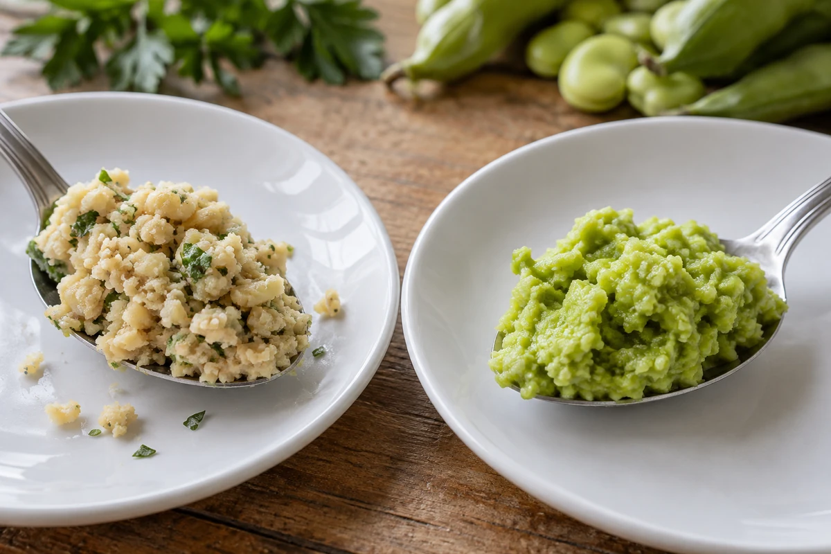 Coarse hydrated fava mixture and moist green fava mixture Coarse hydrated fava mixture and moist green fava mixture