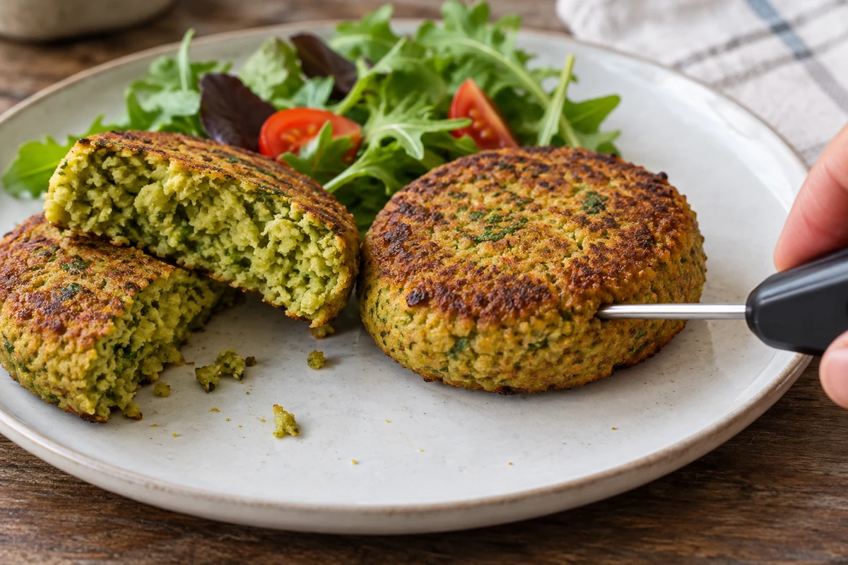 Checking the centre of a cooked fava fritter Checking the centre of a cooked fava fritter