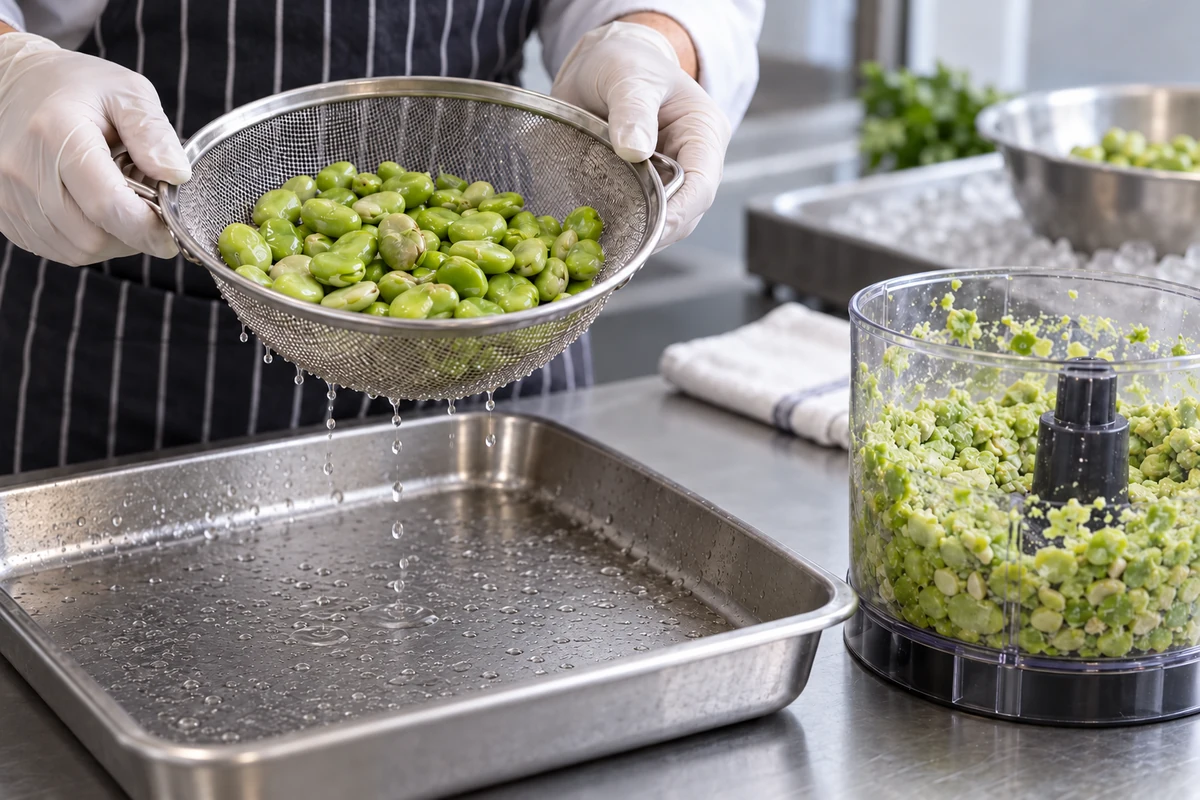 Draining green fava beans before controlled grinding Draining green fava beans before controlled grinding