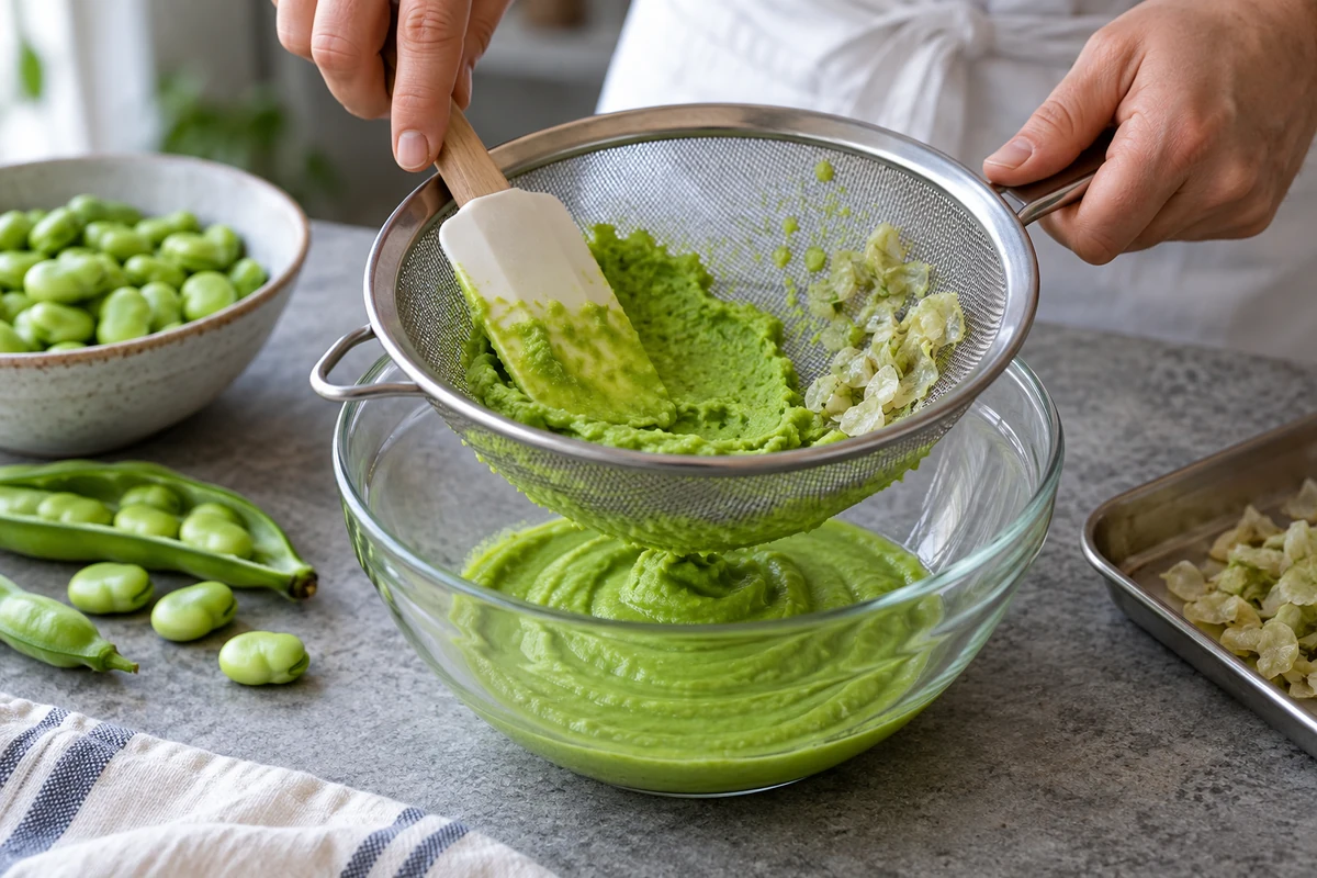 Screening a broad bean puree to inspect retained fragments Screening a broad bean puree to inspect retained fragments