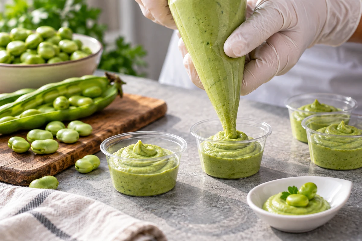 Broad bean puree portioned into small dip cups Broad bean puree portioned into small dip cups