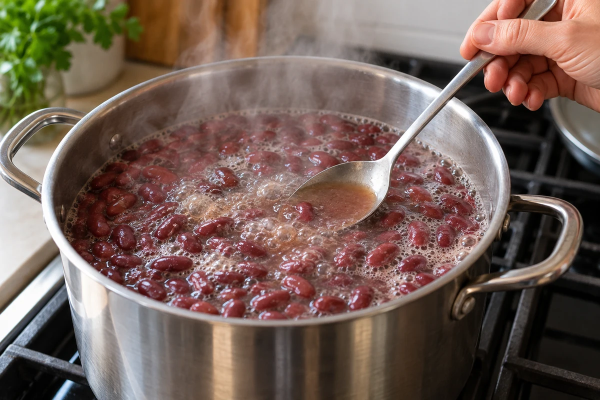 Checking a boiling kidney bean pot and water level Checking a boiling kidney bean pot and water level