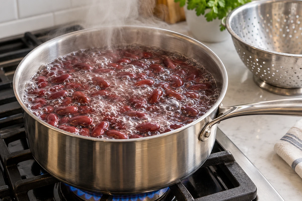 Hydrated kidney beans boiling in fresh water Hydrated kidney beans boiling in fresh water