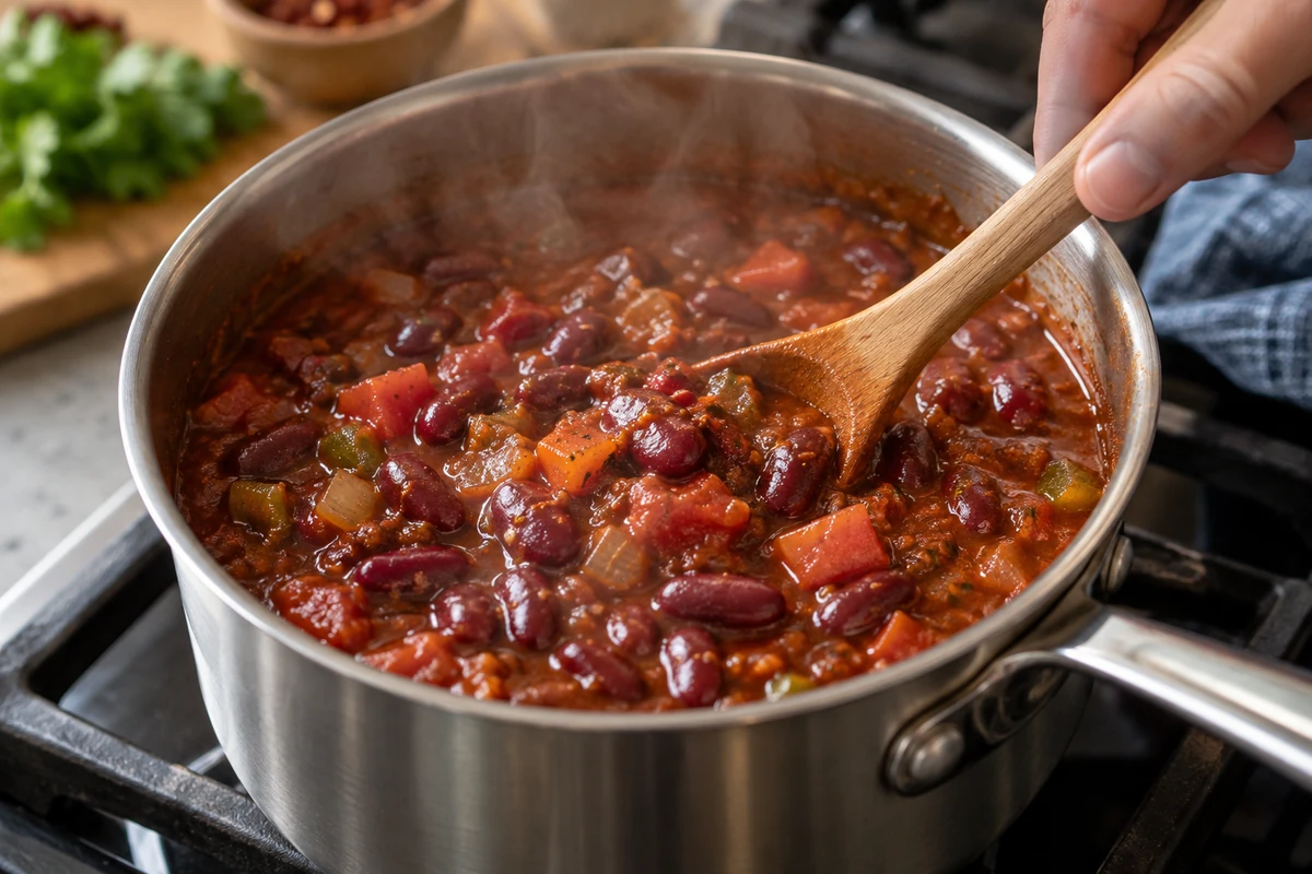 Stirring cooked kidney beans through reheating chili Stirring cooked kidney beans through reheating chili
