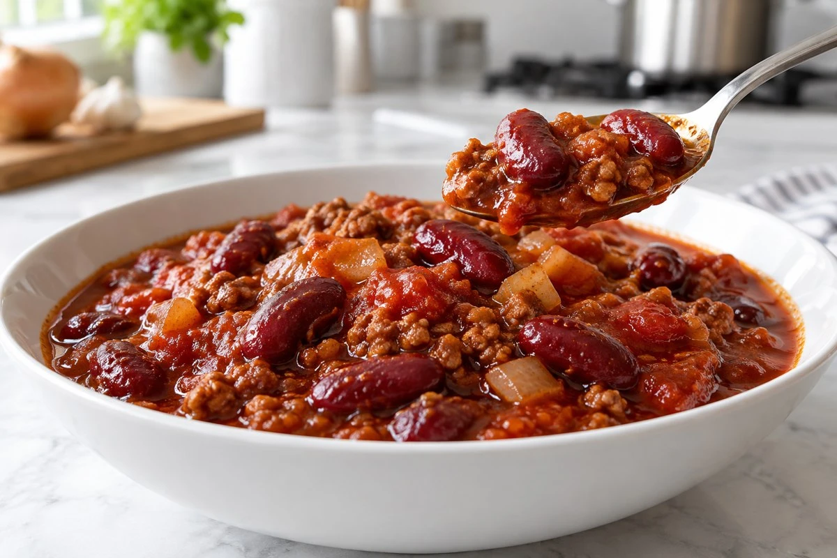 Red kidney beans in a thick tomato chili, with sauce clinging to the spoonful Red kidney beans in a thick tomato chili, with sauce clinging to the spoonful