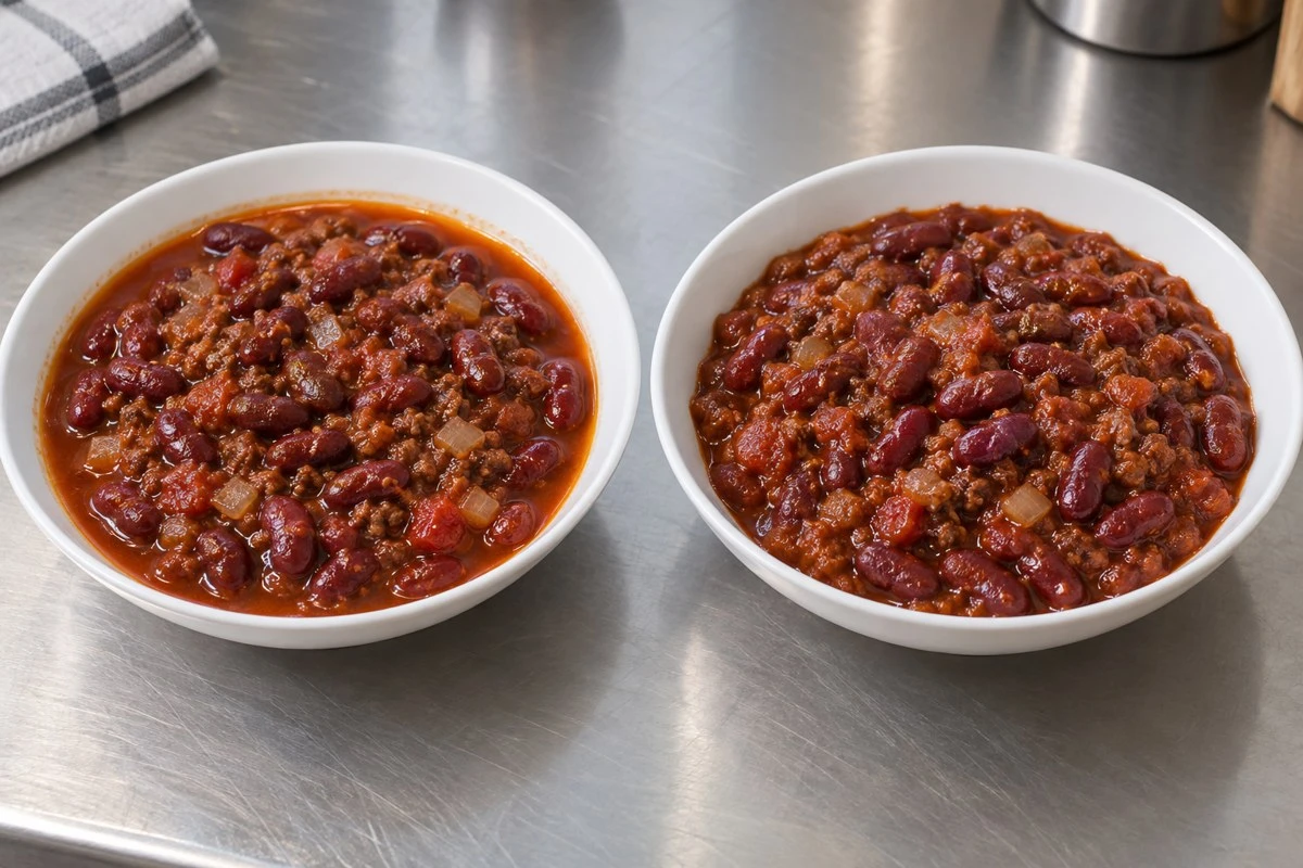 Illustrative comparison of a chili with visible free liquid and a more cohesive sauce Illustrative comparison of a chili with visible free liquid and a more cohesive sauce