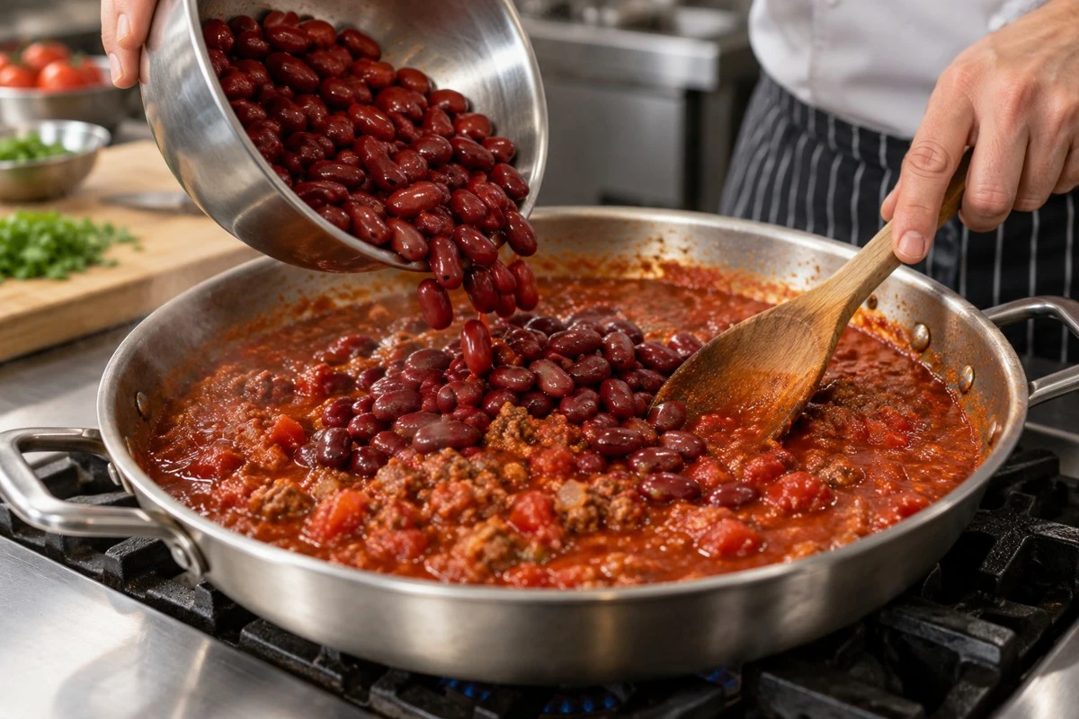 Adding cooked beans to a developed sauce allows their remaining heating and handling to be assessed Adding cooked beans to a developed sauce allows their remaining heating and handling to be assessed