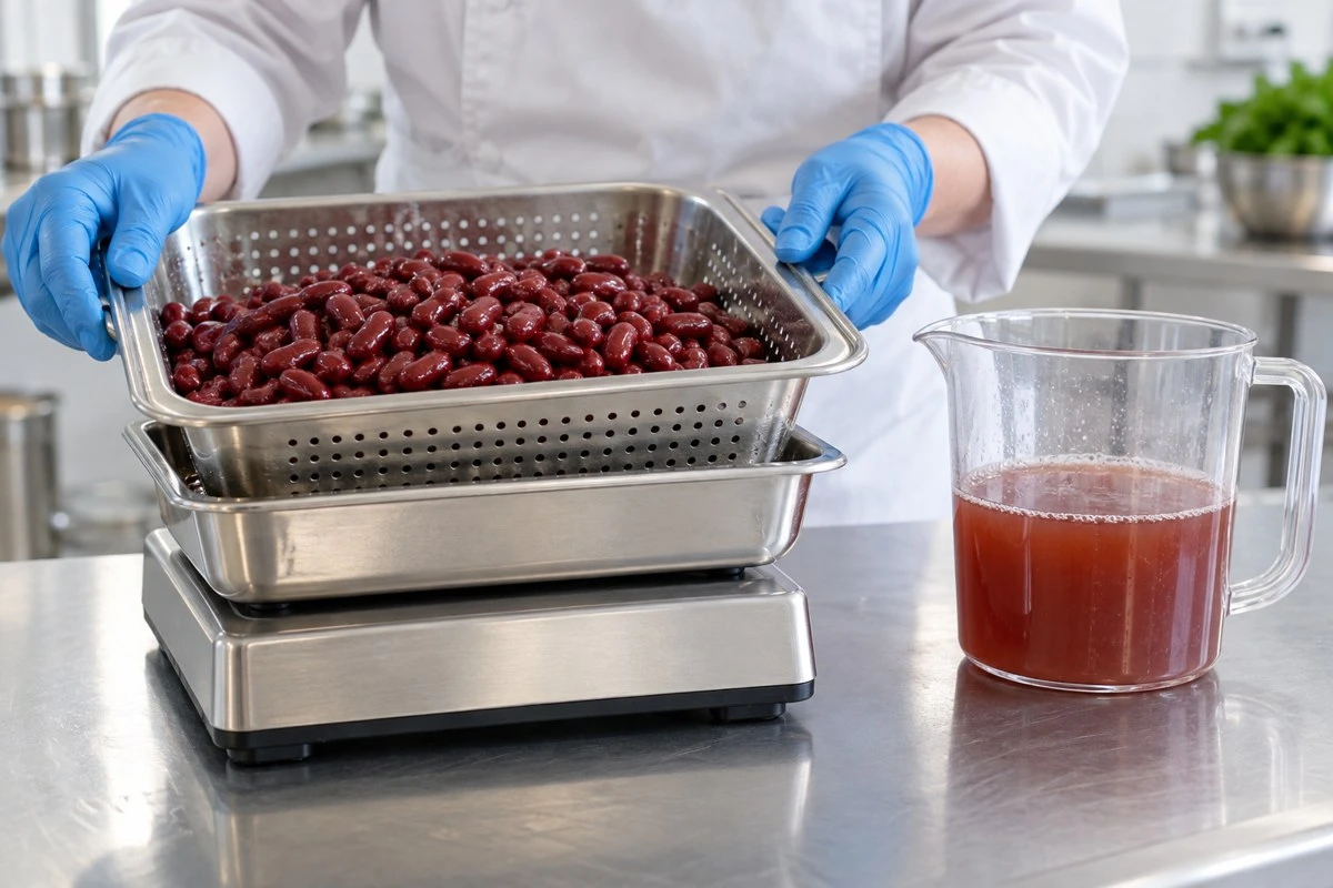 Weigh the retained beans and account for drained liquid separately in the trial Weigh the retained beans and account for drained liquid separately in the trial