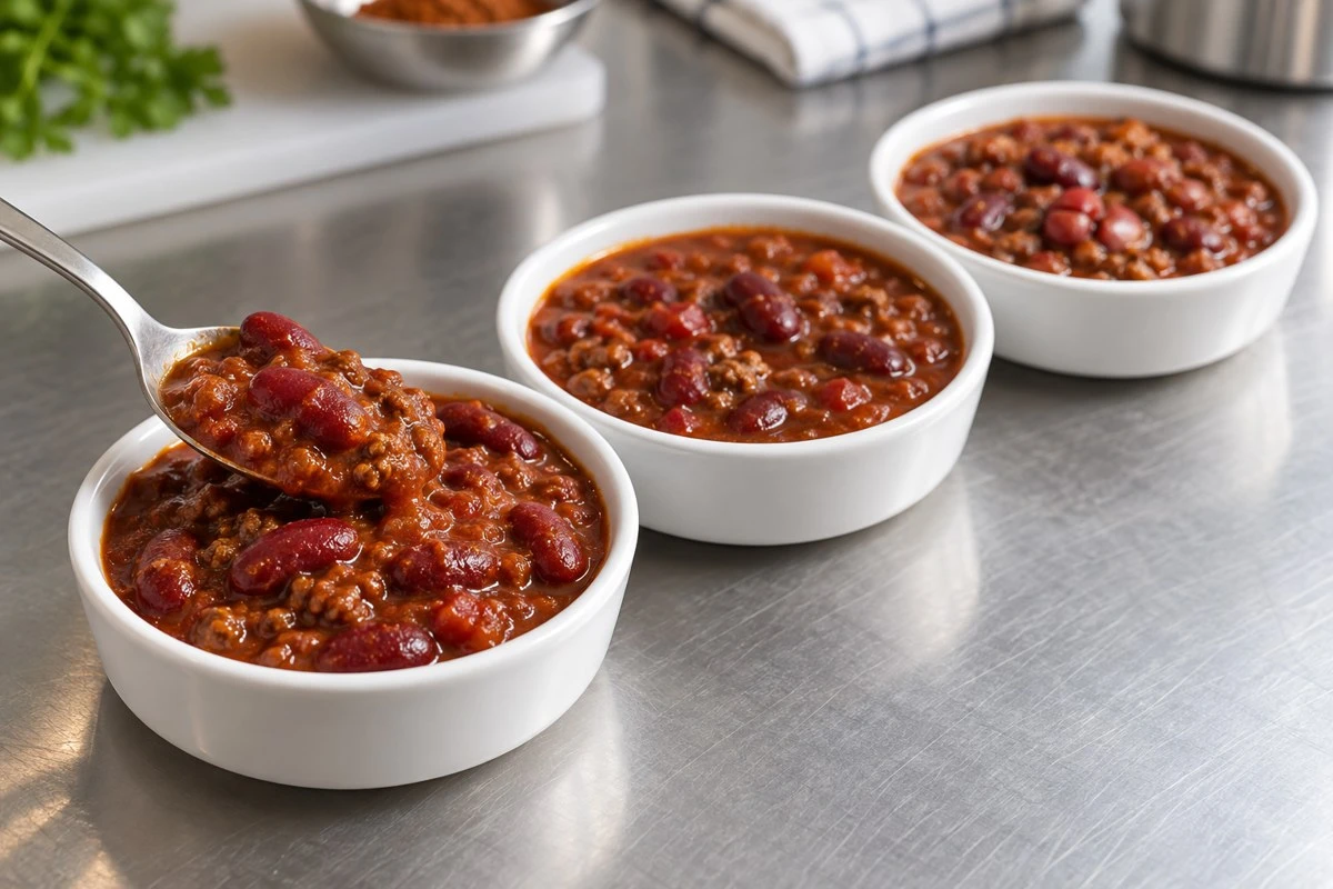 Equal portions make the finished chili easier to compare under the same serving conditions Equal portions make the finished chili easier to compare under the same serving conditions