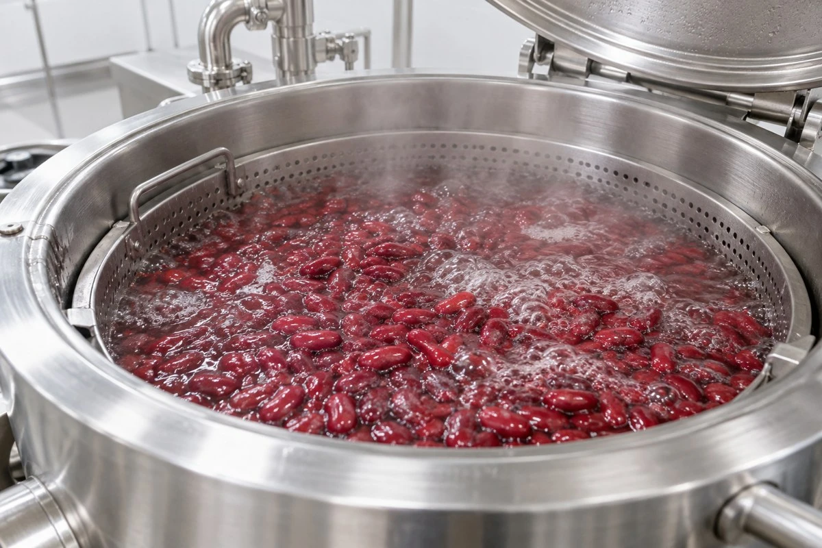 Illustrated kidney beans in boiling water; visible boiling does not establish a validated commercial treatment Illustrated kidney beans in boiling water; visible boiling does not establish a validated commercial treatment