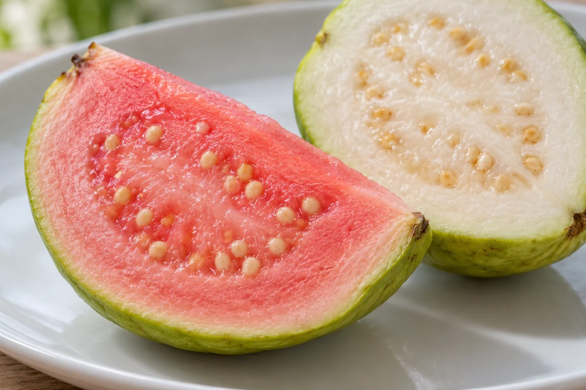 Pink guava wedge and white guava half with their seed areas visible Pink guava wedge and white guava half with their seed areas visible