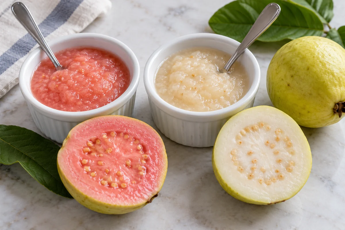 Pink and white guava puree samples with matching cut fruit Pink and white guava puree samples with matching cut fruit