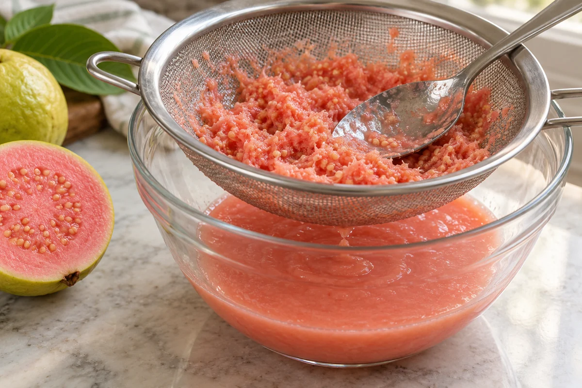Guava pulp pressed through a sieve with small seeds retained above Guava pulp pressed through a sieve with small seeds retained above
