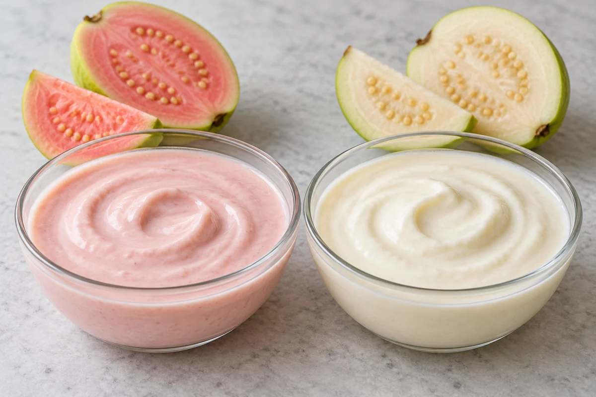 Pink and white guava yogurt samples in clear bowls Pink and white guava yogurt samples in clear bowls
