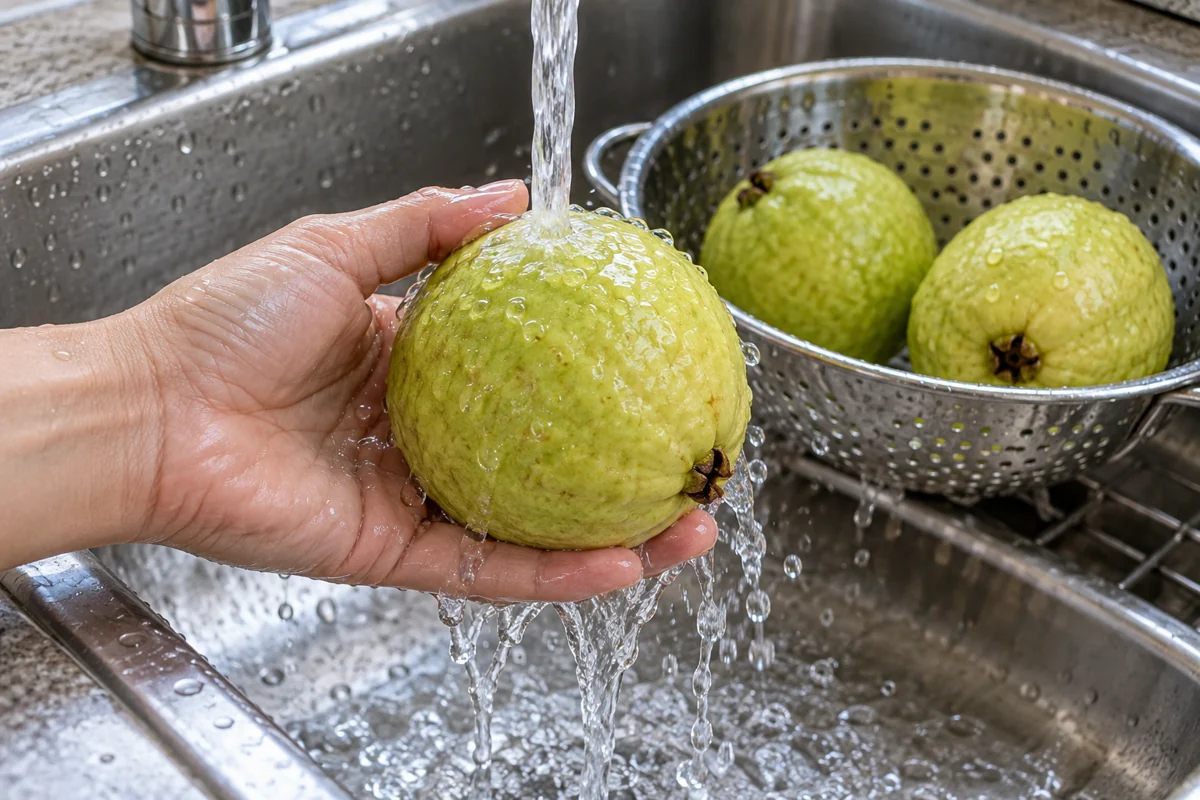 Whole guava rinsed under running tap water Whole guava rinsed under running tap water