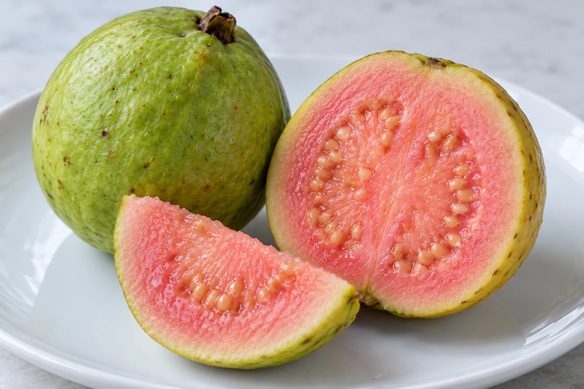 Whole green guava and a cut ripe guava with pink flesh Whole green guava and a cut ripe guava with pink flesh