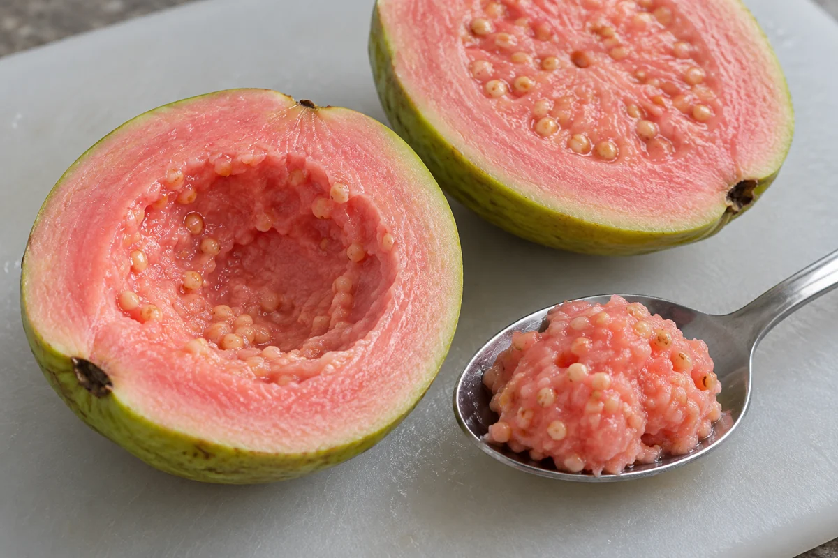 Guava half with a partly scooped center and seedy pulp on a spoon Guava half with a partly scooped center and seedy pulp on a spoon