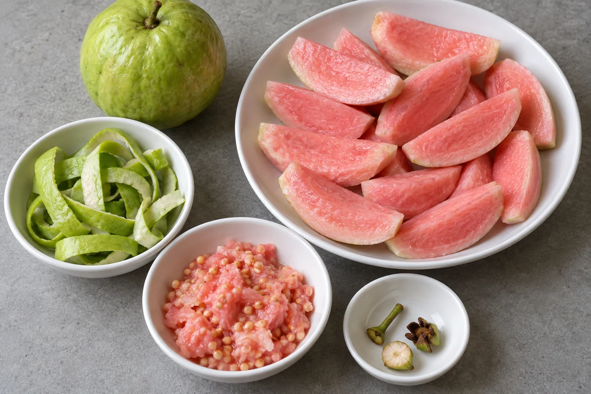 Prepared guava flesh, peel, central pulp and end trimmings in separate dishes Prepared guava flesh, peel, central pulp and end trimmings in separate dishes