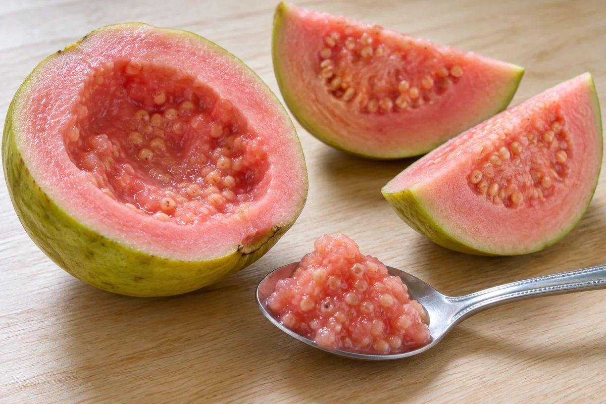 Partly scooped guava half and spoon carrying small seeds in pink pulp Partly scooped guava half and spoon carrying small seeds in pink pulp