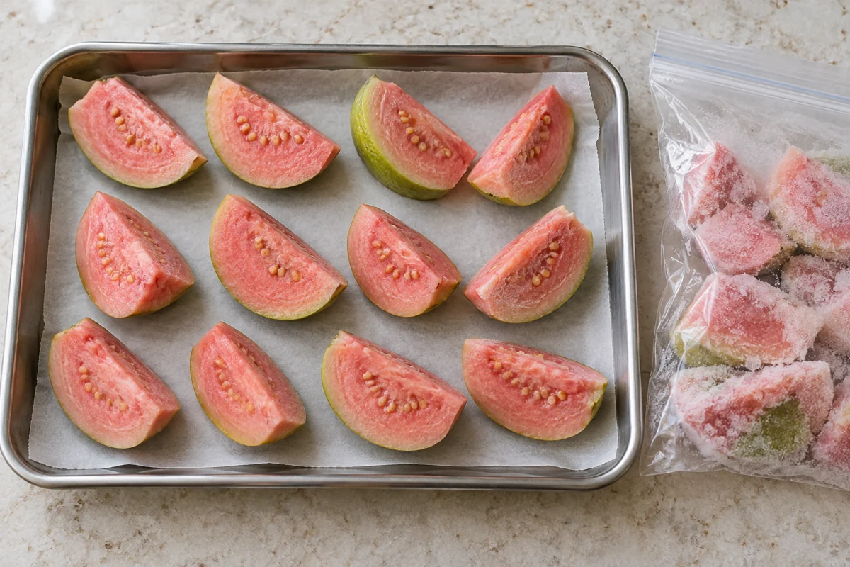 Guava wedges spaced on a tray beside a plain freezer bag Guava wedges spaced on a tray beside a plain freezer bag