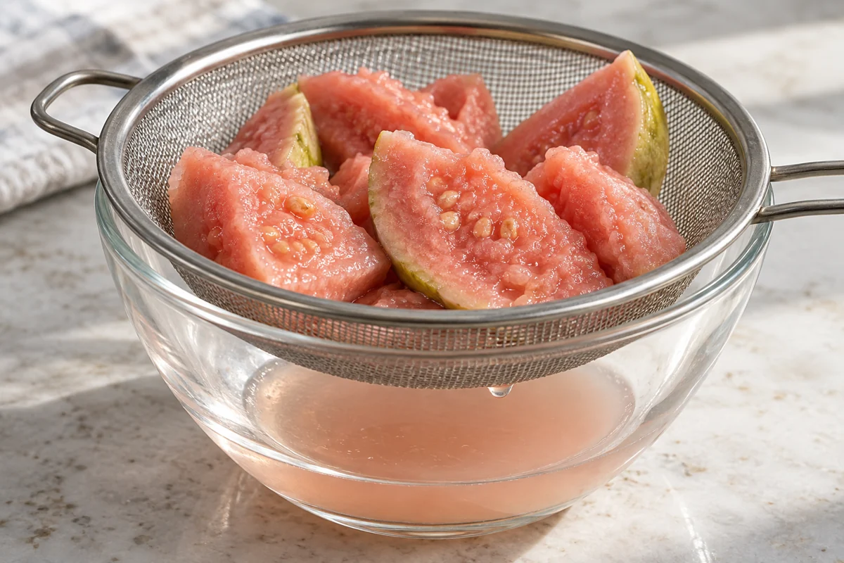 Thawed guava pieces in a strainer above collected fruit liquid Thawed guava pieces in a strainer above collected fruit liquid