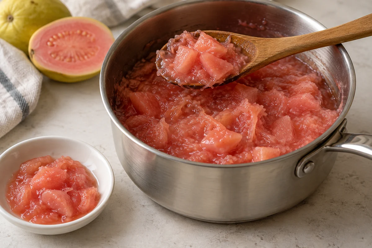 Cooked pink guava preparation in a small saucepan and tasting dish Cooked pink guava preparation in a small saucepan and tasting dish