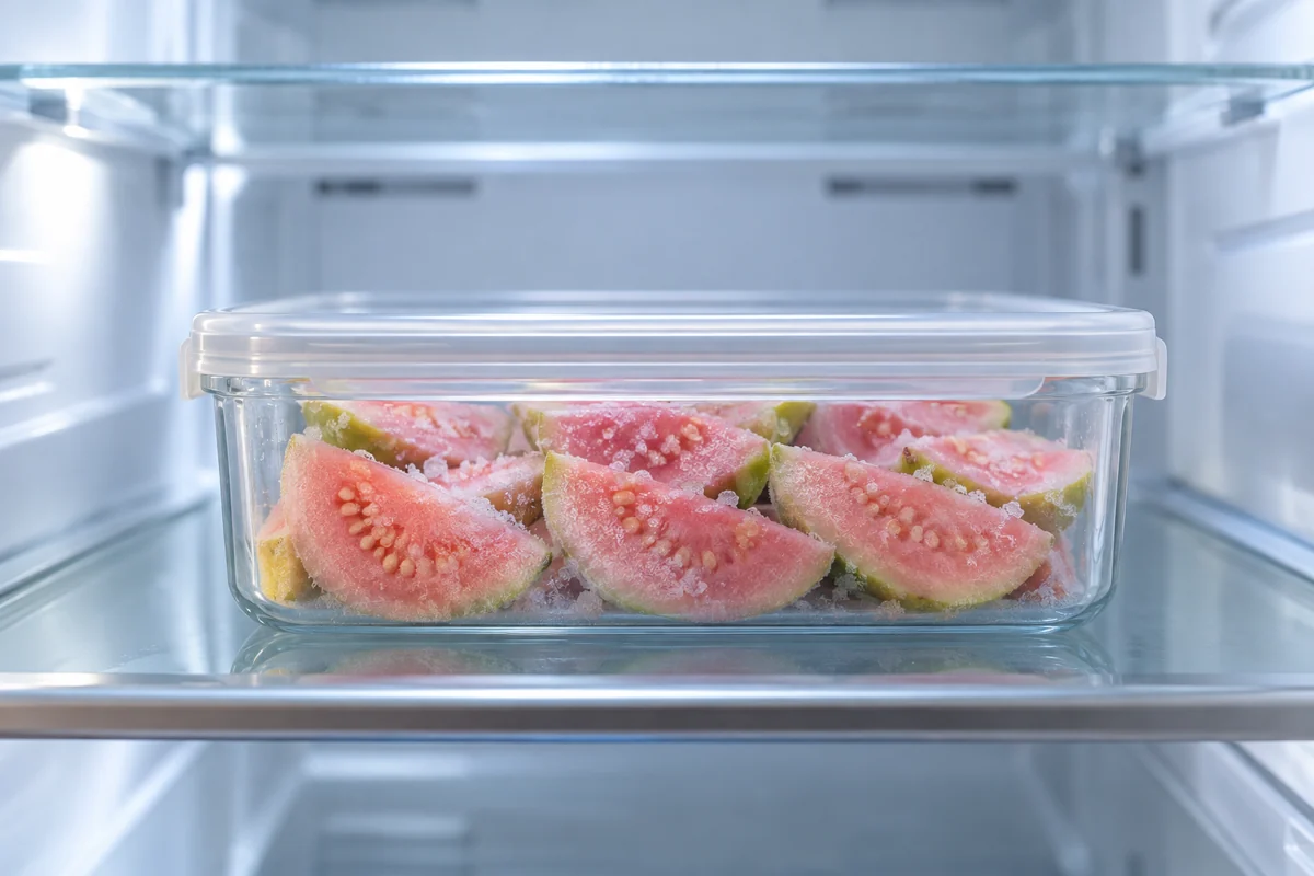 Covered container of pink guava portions inside a refrigerator Covered container of pink guava portions inside a refrigerator