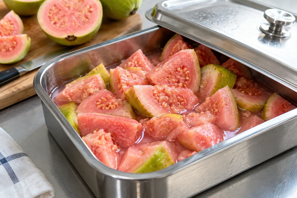 Pink guava pieces and released liquid in a shallow stainless tray Pink guava pieces and released liquid in a shallow stainless tray