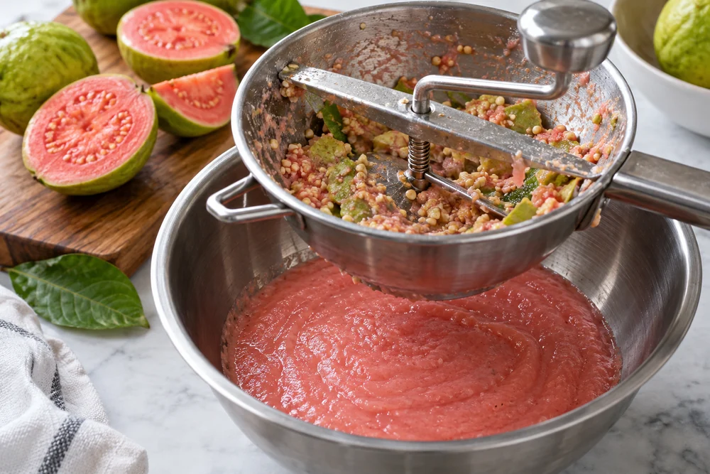 Guava food mill retaining seeds and peel above a bowl of pink pulp Guava food mill retaining seeds and peel above a bowl of pink pulp