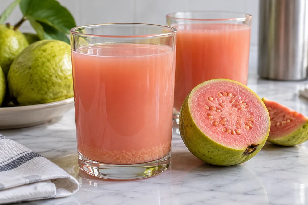 Pink guava drinks with different visible settled pulp Pink guava drinks with different visible settled pulp